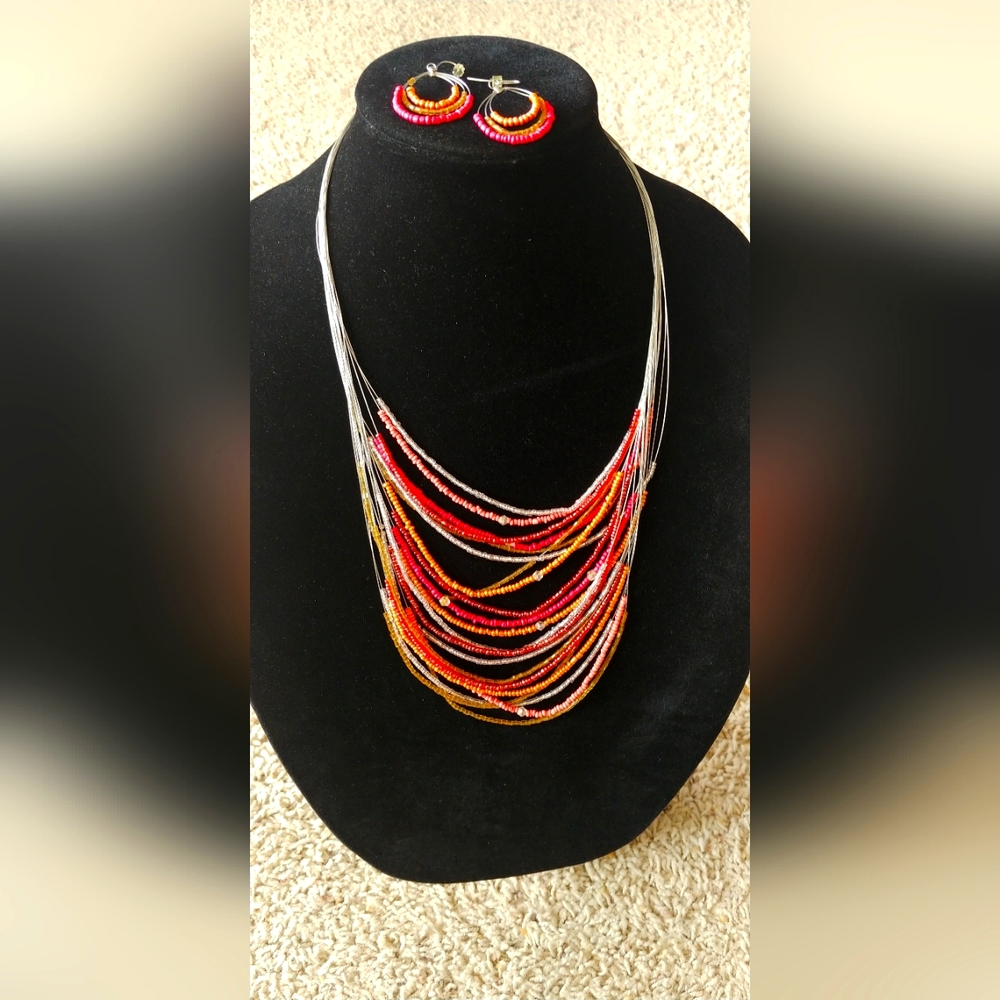 Multicolor Seed Bead Necklace and Earring Set